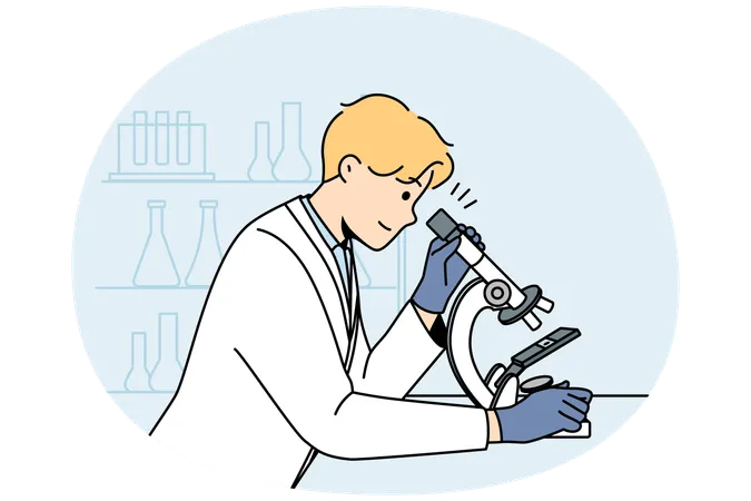 Young man scientist in white medical uniform look at sample in microscope in lab  Illustration