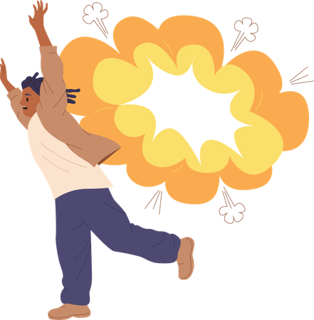 Young man screaming running away from dangerous bomb explosion  Illustration