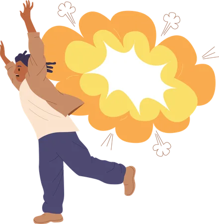 Young man screaming running away from dangerous bomb explosion  Illustration