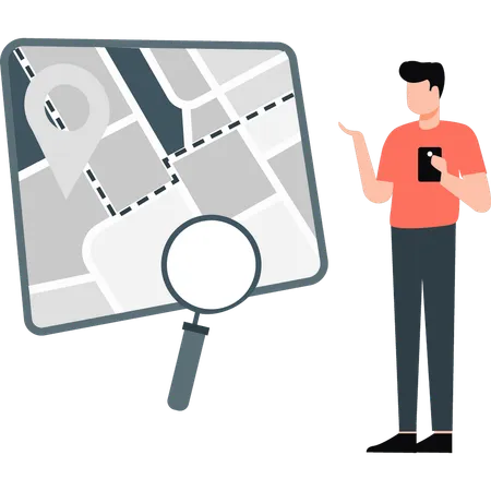 Young man searching location on map  Illustration