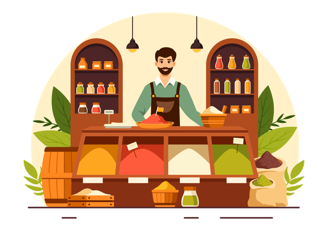Young man selling spice at spice shop  Illustration