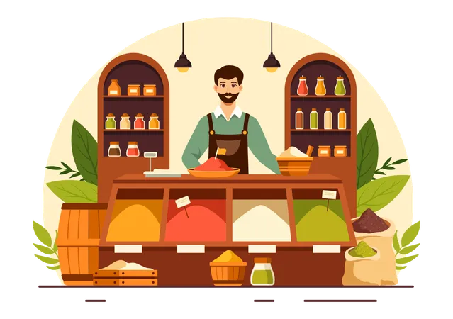 Spice Shop Vector Illustration With Different Hot Sauces Condiment Exotic Fresh Seasoning And Traditional Herbs In Flat Cartoon Background Illustration