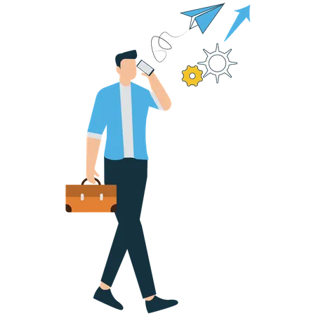 Young Man Sending Business Statistics from Mobile Phone  Illustration
