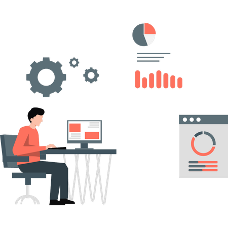 Young man setting webpage pie chart  Illustration