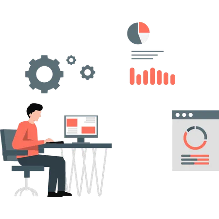 Young man setting webpage pie chart  Illustration