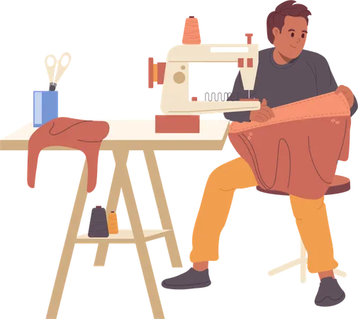 Young man sewing female fashion bag from leather on machine during manufacturing process at workshop  Illustration