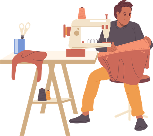 Young man sewing female fashion bag from leather on machine during manufacturing process at workshop  일러스트레이션
