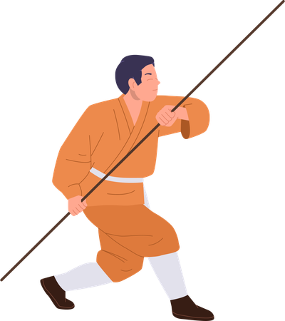 Young man shaolin monk exercising kung fu fight with wooden stick  Illustration