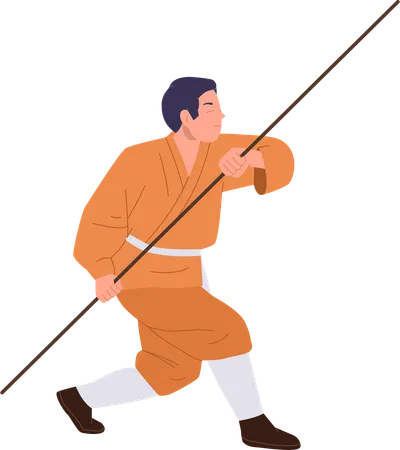 Young Man Shaolin Monk Antique Legendary Warrior Exercising Kung Fu Fight With Wooden Stick Isolated On White Background Chinese Martial Art Traditional Oriental Combat Sport Vector Illustration Illustration
