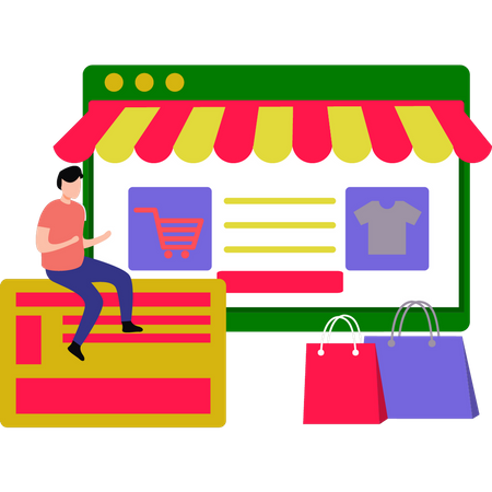 Young man shopping online at store  Illustration