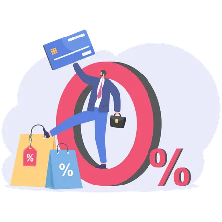 Young man shopping with 0 % interest installment payment promotion  Illustration