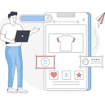 Young man showing 50 percentage discount shopping  Illustration