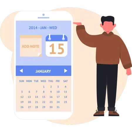 Young man showing calendar on mobile  Illustration