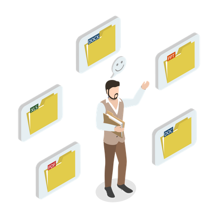 Young man showing different types of  file formats  Illustration