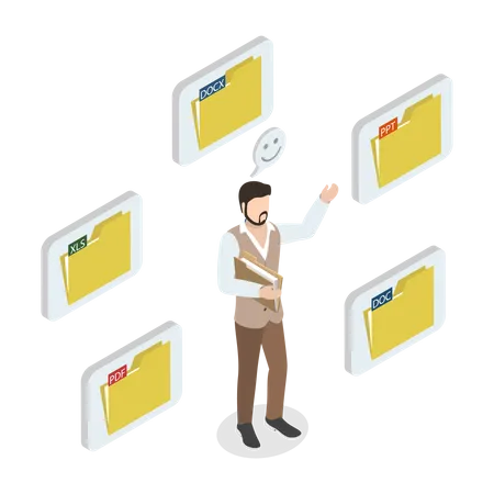 Young man showing different types of  file formats  イラスト