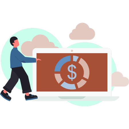 Young man showing dollar coin  in monitor  Illustration