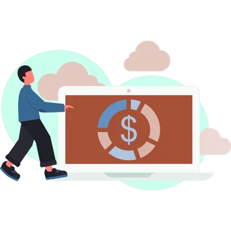 Young man showing dollar coin  in monitor  Illustration