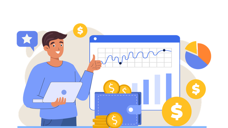 Young man showing  financial report  Illustration