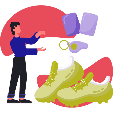 Young man showing football boots  Illustration