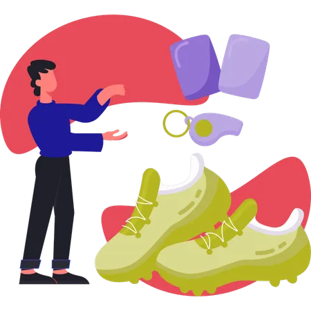 Young man showing football boots  Illustration