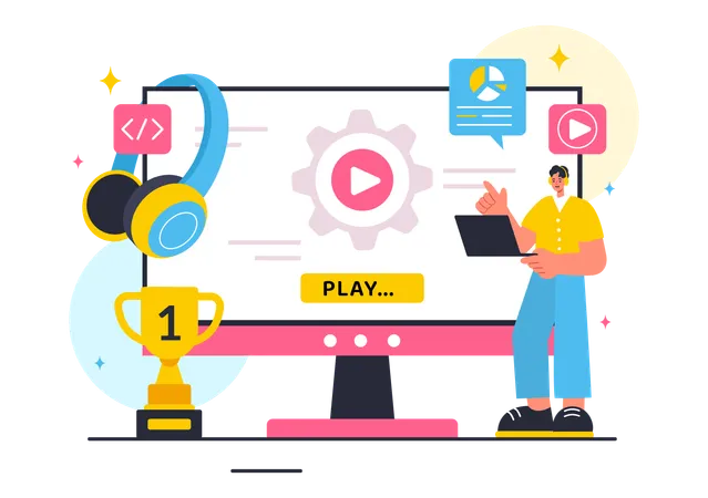 Vector Illustration Of Video Game Development With Games Digital Technology Programming And Coding In A Flat Style Cartoon Background Illustration