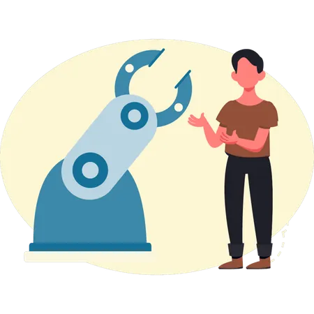 産業用ロボットを見せる若い男性  イラスト