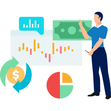 Young man showing investment analysis  Illustration