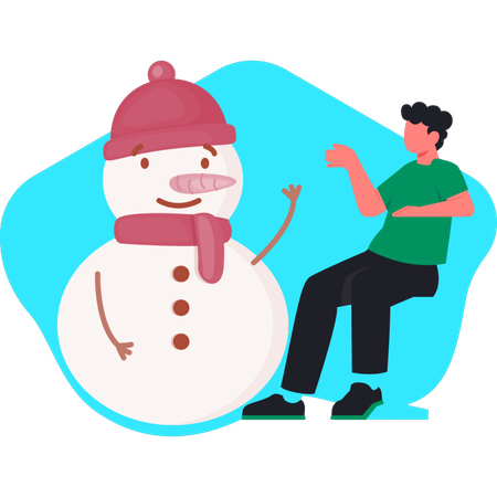 Young man showing kawaii snowman  Illustration