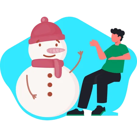 Young man showing kawaii snowman  Illustration
