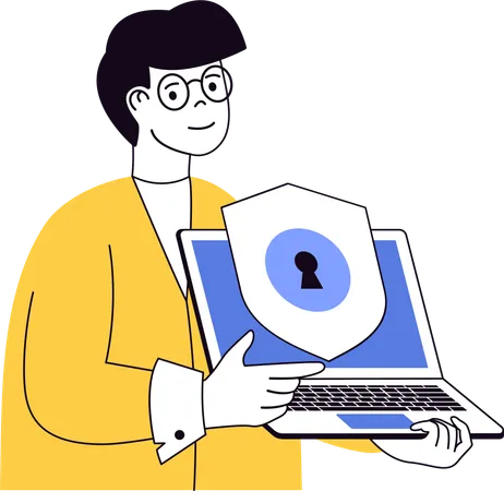 Young man showing laptop security  Illustration