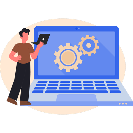 Young man showing laptop setting  Illustration