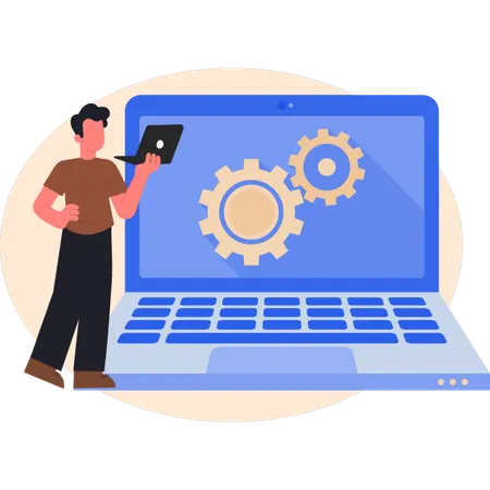 Young man showing laptop setting  Illustration