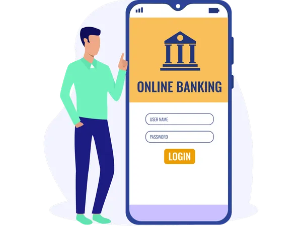 Young man showing Online Banking  Illustration