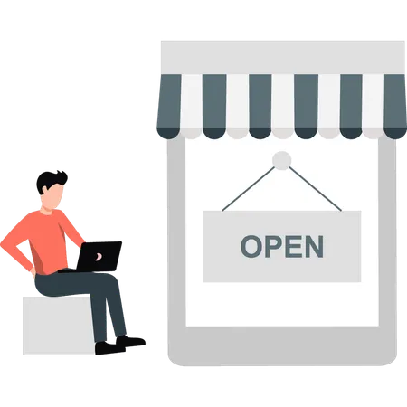 Young man showing open tag online  Illustration