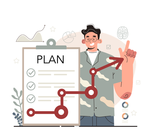 Young man showing plan list while getting success  Illustration