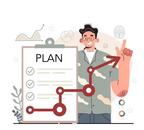 Young man showing plan list while getting success  Illustration
