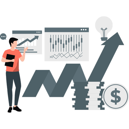 Young man showing rising stock market graph  Illustration