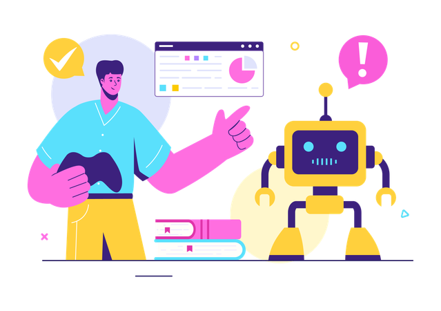 Young man showing robot analysis  Illustration