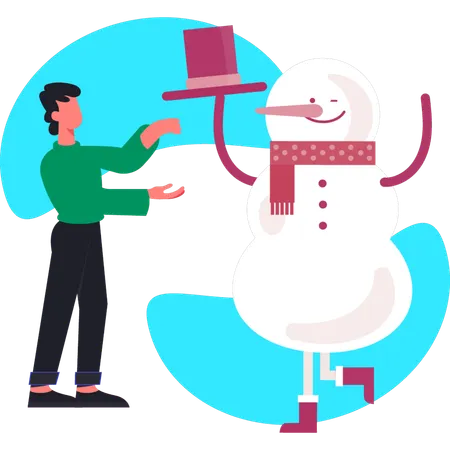 Young man showing Snowman dancing  Illustration