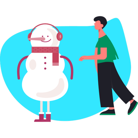 Young man showing Snowman while wearing headphone  Illustration