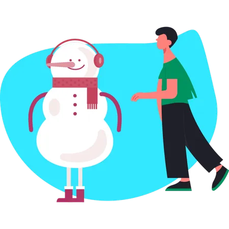 Young man showing Snowman while wearing headphone  Illustration