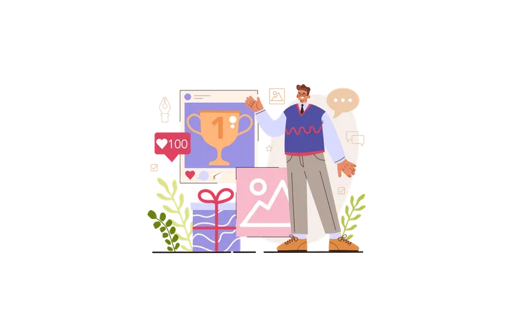 Contest Social Media Content Manager Guidance How Create Visual Content Digital Promotion Technology Flat Vector Illustration イラスト