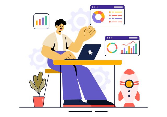 Young man showing startup analysis report  Illustration