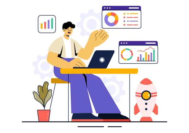 Young man showing startup analysis report  Illustration