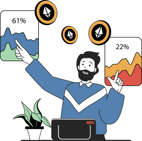 Young man showing stock market analysis report  Illustration