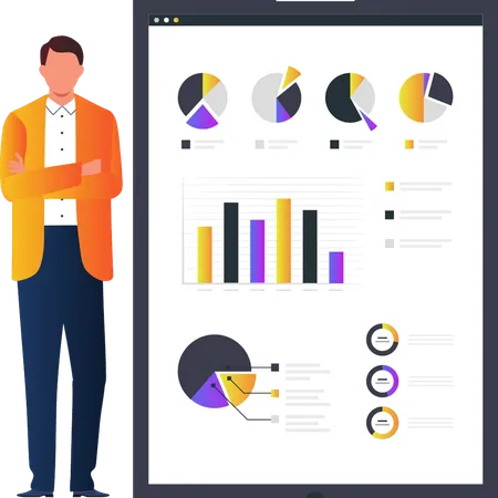 Young man showing various business chart graphs  Illustration