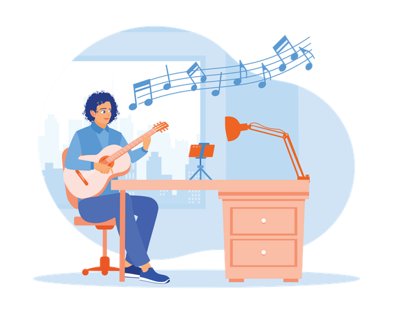 Young man singing while playing guitar at home  Illustration