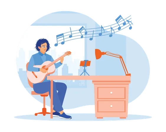 Young man singing while playing guitar at home  Illustration