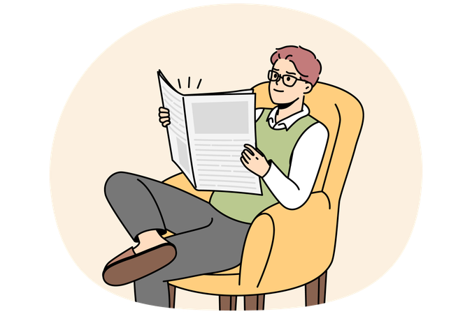 Young man sit in chair reading newspaper  Illustration