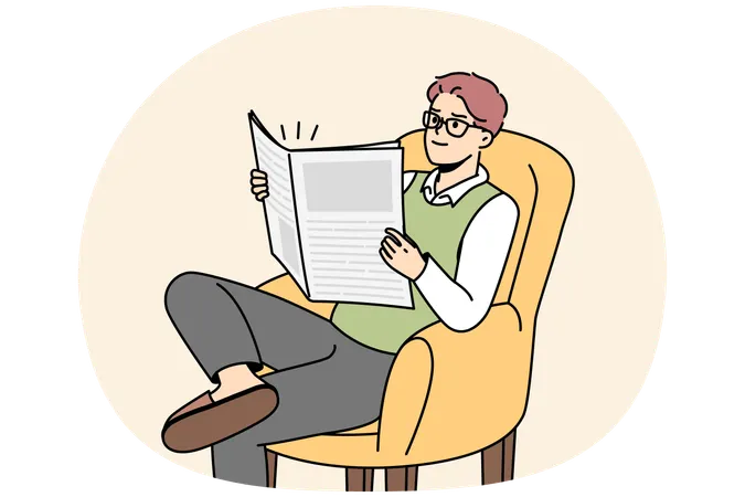 Young man sit in chair reading newspaper  Illustration